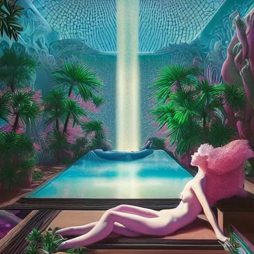 Image similar to masterpiece, hyperrealistic surrealism, award winning masterpiece with incredible details, epic stunning, infinity pool, a surreal vaporwave liminal space, highly detailed, trending on ArtStation, calming, meditative, pink arches, flowing silk sheets, palm trees, very vaporwave, very very surreal, sharp details, dreamscape, artgerm and greg rutkowski and alphonse mucha, daily deviation, IAMAG