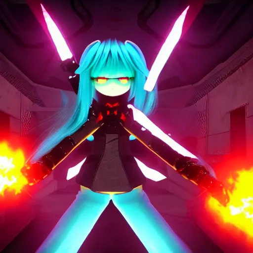 Prompt: Hatsune miku killing demons in the doom 2016 universe, ultra detailed, epic composition, game screenshot, epic light, hell