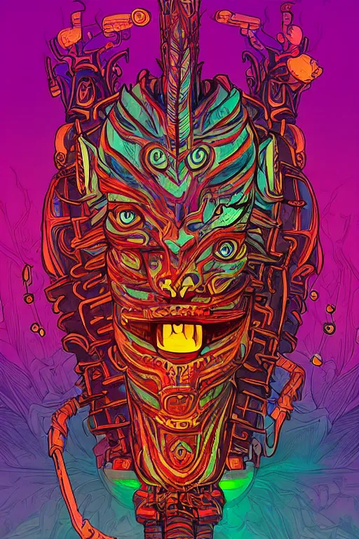 Image similar to totem animal tribal chaman vodoo mask feather gemstone plant video game illustration vivid color borderlands by josan gonzales and dan mumford radiating a glowing aura