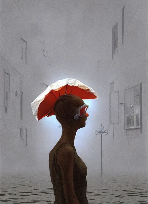 Image similar to woman in vr headset made of paper, dressed in plastic bags, on flooded street Edward Hopper and James Gilleard, Zdzislaw Beksinski, highly detailed