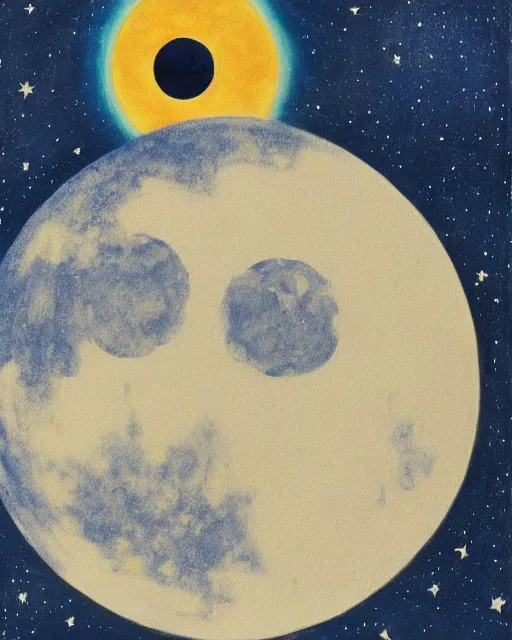 Prompt: painting of a large moon in the sky; the moon is read and has an open eye on it; there is a thin, long, blue cross-shaped star in the sky, anime, detailed, creepy, beautiful