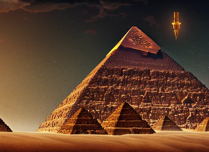 Prompt: pyramids of giza, thoth the egyptian god floating above beautifully, fantasy, dramatic, intricate, elegant, highly detailed, digital painting, artstation, concept art, smooth, sharp focus, illustration, art by Gustave Dore, octane render