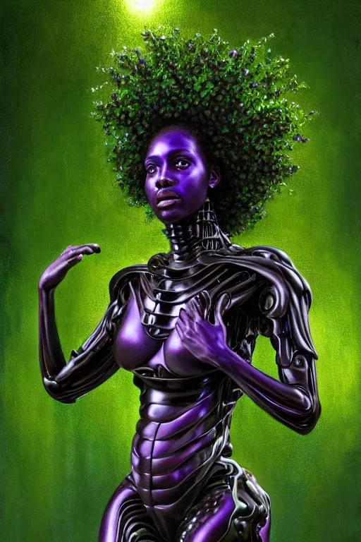 Image similar to hyperrealistic post - raphaelite super expressive! black woman with exoskeleton armor, merging with tree in a forest, highly detailed digital art masterpiece smooth cam de leon eric zener dramatic pearlescent soft green purple light ground angle hd 8 k sharp focus