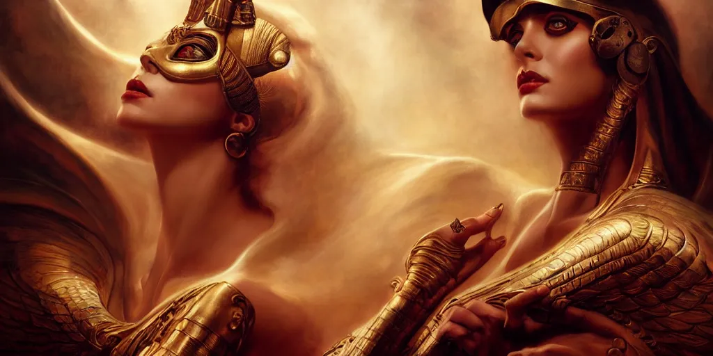 Image similar to Egyptian mythology, by Rolf Armstrong and Evelyn De Morgan and Bastien Lecouffe-Deharme, dramatic lighting, high contrast colors, baroque, empyrean, panoramic view, as trending on Artstation, highly detailed, doom engine,