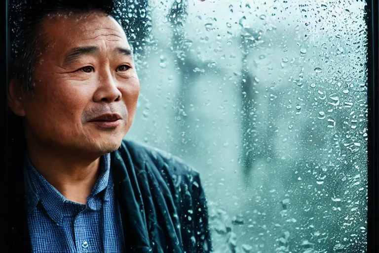 Image similar to a cinematic headshot portrait of a middle aged asian man, through a steamed up window, movie still, ocean background, waves, rain, dramatic lighting, back light, hair light, rim light, 4 k, ultra realistic, by annie leibovitz