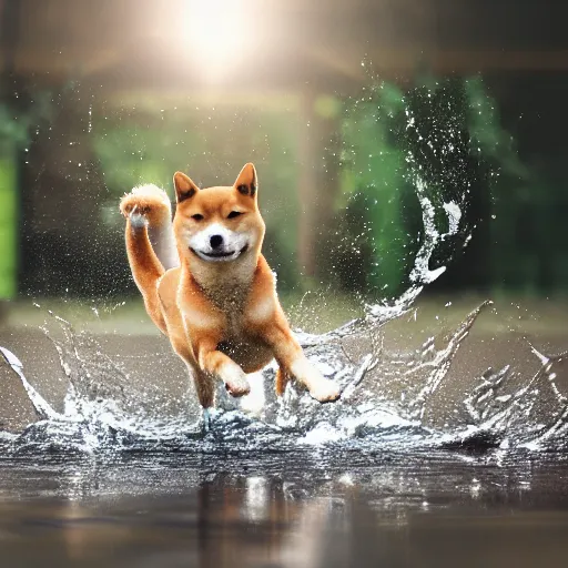 Image similar to shiba inu splashing in a puddle, realism, highly detailed, back lit, god rays, bloom, 4k