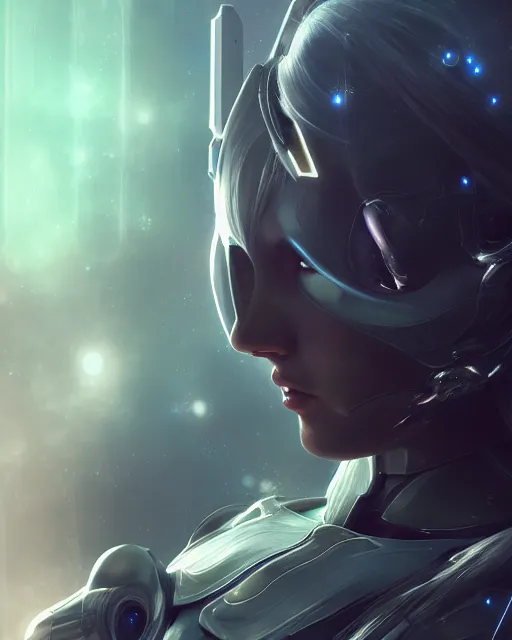 Image similar to perfect android girl on a mothership, warframe armor, beautiful face, scifi, futuristic, galaxy, nebula, raytracing, dreamy, long white hair, blue cyborg eyes, sharp focus, cinematic lighting, highly detailed, artstation, divine, by gauthier leblanc, kazuya takahashi, huifeng huang