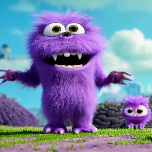 Image similar to a purple fluffy monster, adorable and cute, pixar, octane render, 4k, monster in middle of picture