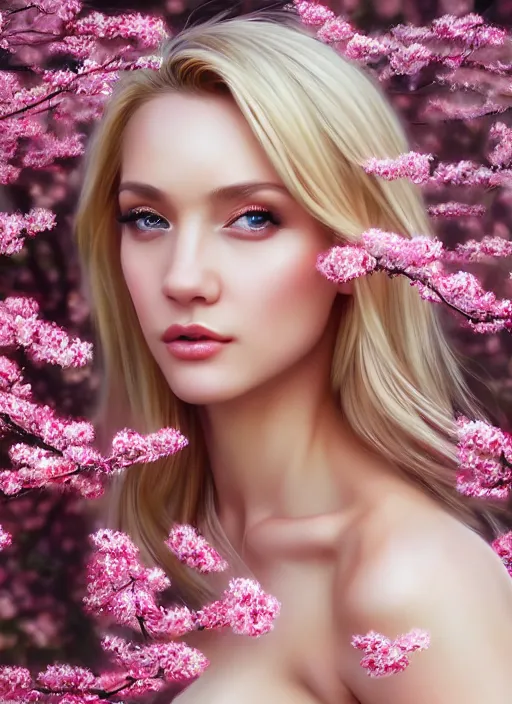 Image similar to photo of a gorgeous blonde female in the style of stefan kostic, realistic, half body shot, sharp focus, 8 k high definition, insanely detailed, intricate, elegant, art by stanley lau and artgerm, extreme blur cherry blossoms background