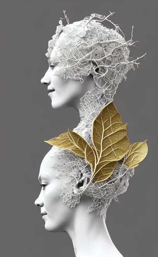 Image similar to complex 3d render of a beautiful porcelain profile woman face, vegetal dragon cyborg, 150 mm, beautiful natural soft light, rim light, silver gold details, magnolia leaves and stems, roots, fine lace, maze like, mandelbot fractal, anatomical, facial muscles, cable wires, microchip, elegant, highly detailed, white metallic armour, octane render, black and white, H.R. Giger style