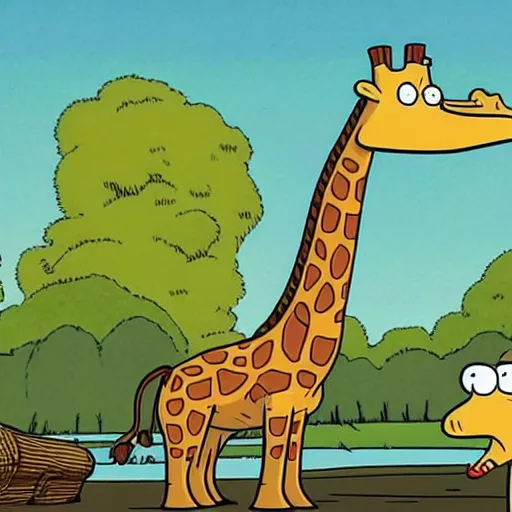 Image similar to in the year one million and a half, humankind is enslaved by giraffe. man must pay for all his misdeeds when the treetops are stripped of their leaves, matt groening art, still from futurama animated series