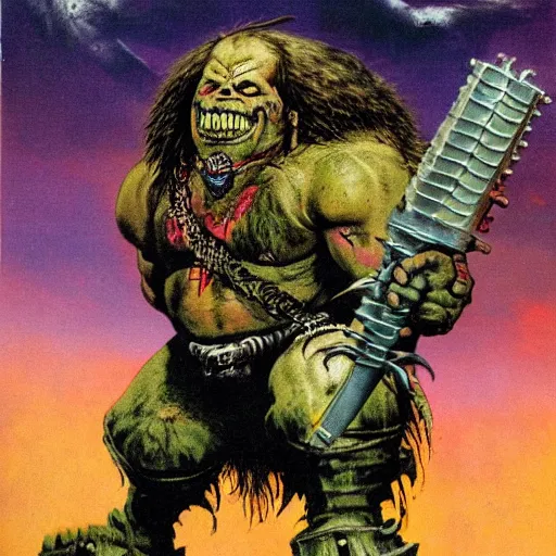 Image similar to Heavy metal Ork, Orkboy, Ork, 80s metal, mohawk, shaggy hair, New Wave of British Heavy Metal, Frank Frazetta, pulp art, illustration