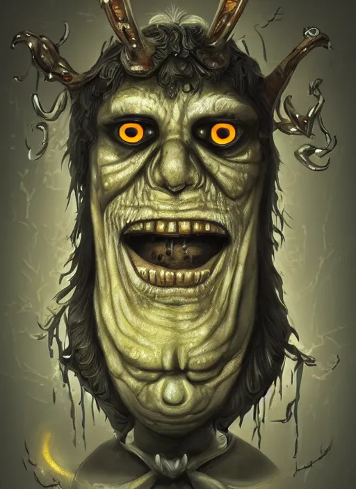 Image similar to occult fred flinstone with glowing haunted eyes, metal skin, intricate, elegant, highly detailed, centered, digital painting, artstation, concept art