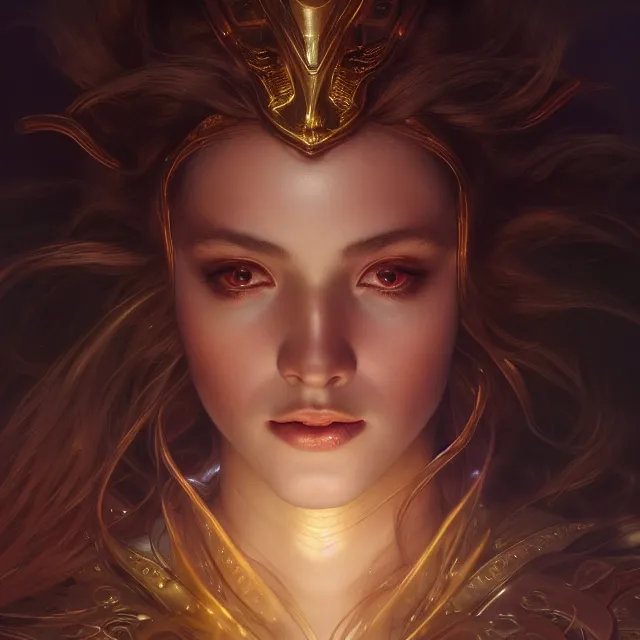 Image similar to close up portrait of a beautiful fantasy female goddess, shiny skin, glowing hair, glowing armor, subsurface scattering, ethereal, artistic, dark glowing background with light rays, fantasy atmosphere. art by artgerm, greg rutkowski and alphonse mucha, highly detailed skin, intricate, lifelike. sci - fi, fantasy, magical, octane render,