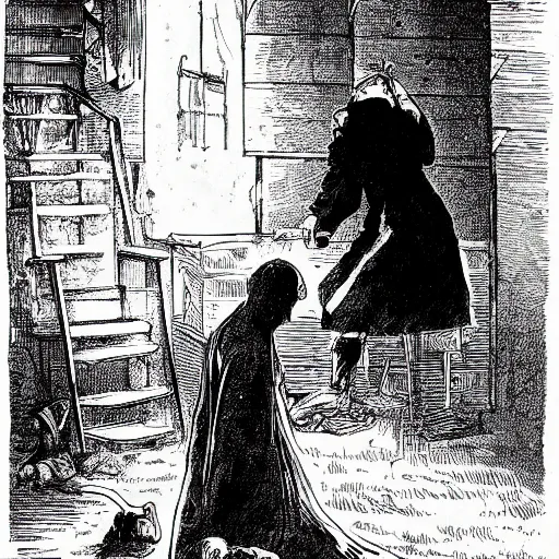 Image similar to warlock in the attic, comic art, victorian illustration, black and white