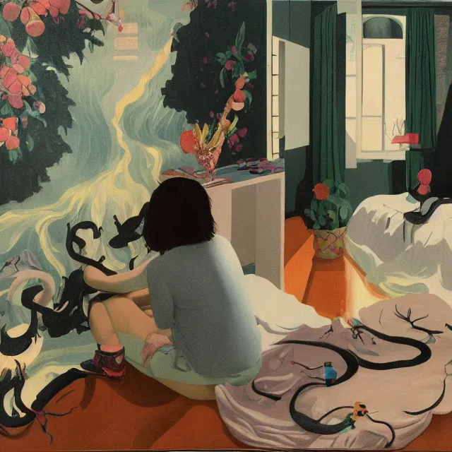 Image similar to female emo art student in her apartment, painting of flood waters inside an artist's feminine bedroom, a river flooding indoors, pomegranates, pigs, ikebana, water, octopus, river, rapids, waterfall, black swans, canoe, berries, acrylic on canvas, surrealist, by magritte and monet