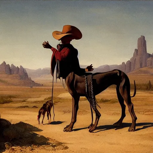 Image similar to a person with the head of a dog and the body of a slender man wearing a cowboy hat and poncho. By Zabrocki, Raphael Lacoste. JC Leyendecker.