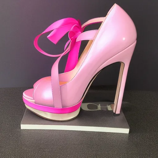 Prompt: pink leather 1 5 cm high heel shoes with 7 cm platform with ribbon to the ankle stripe designed by jimmy choo, photorealistic, beautiful, architecture, clean, highly detailed, 8 k, ornate detail