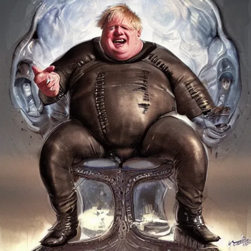 Image similar to boris johnson as baron harkonnen wearing a leather spacesuit and sitting on a throne flanked by dark priestesses, by normal rockwell and greg staples and craig mullins, science fiction character concept art, artstation - H 832