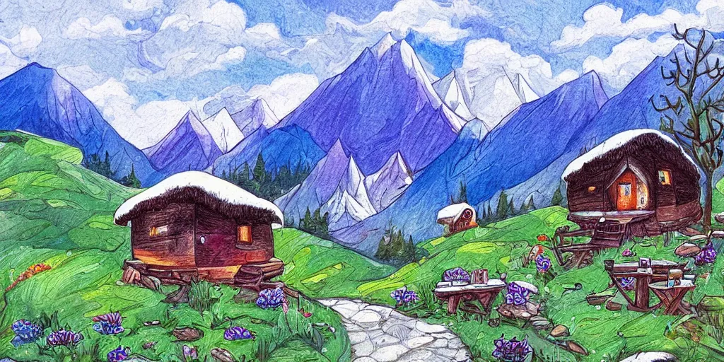 Prompt: beautiful mountain landscape with a wonderfully cozy hut and a beer garden, award winning masterpiece illustration