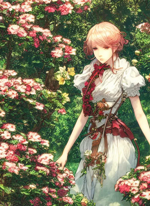 Prompt: the emerald herald in the rose garden, hidari, color page, tankoban, 4K, tone mapping, very detaile, Akihiko Yoshida