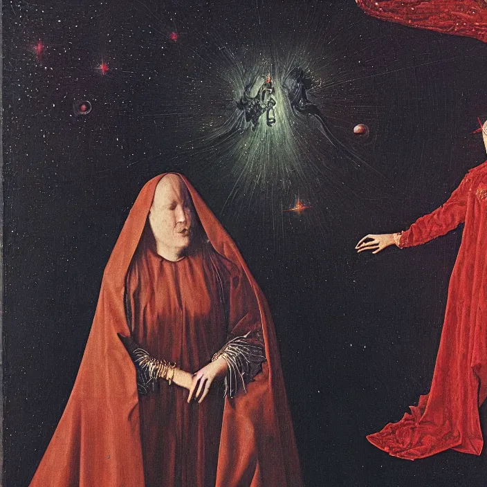 Image similar to a closeup portrait of a cloaked woman floating next to a demon nebula, demon nebula, by jan van eyck