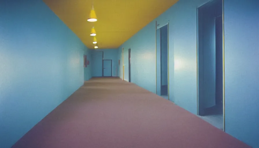 Prompt: 60s movie still of an empty sauna corridor fade yellow light and light blue tiles floor, cinestill 800t 50mm eastmancolor, liminal Space style, heavy grain