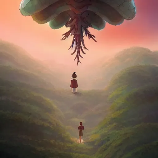 Prompt: a beautiful movie still in the style of Studio Ghibli anime showing a giant alien creature flying through a destroyed post-apocalyptic Los Angeles overrun with vegetation. Studio Ghibli, award-winning scifi, aerial photography, wide angle lens, trending on artstation, trending on behance