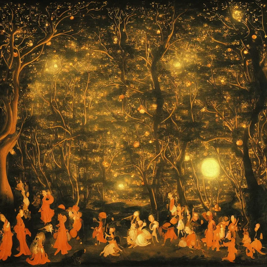 Image similar to renaissance painting of a night carnival around a magical tree cavity, with a surreal orange moonlight and fireworks in the background, next to a lake with iridiscent water, christmas lights, folklore animals and people disguised as fantastic creatures in a magical forest by summer night, masterpiece painted by koson ohara, scene by night, dark night environment, refraction lights, glares