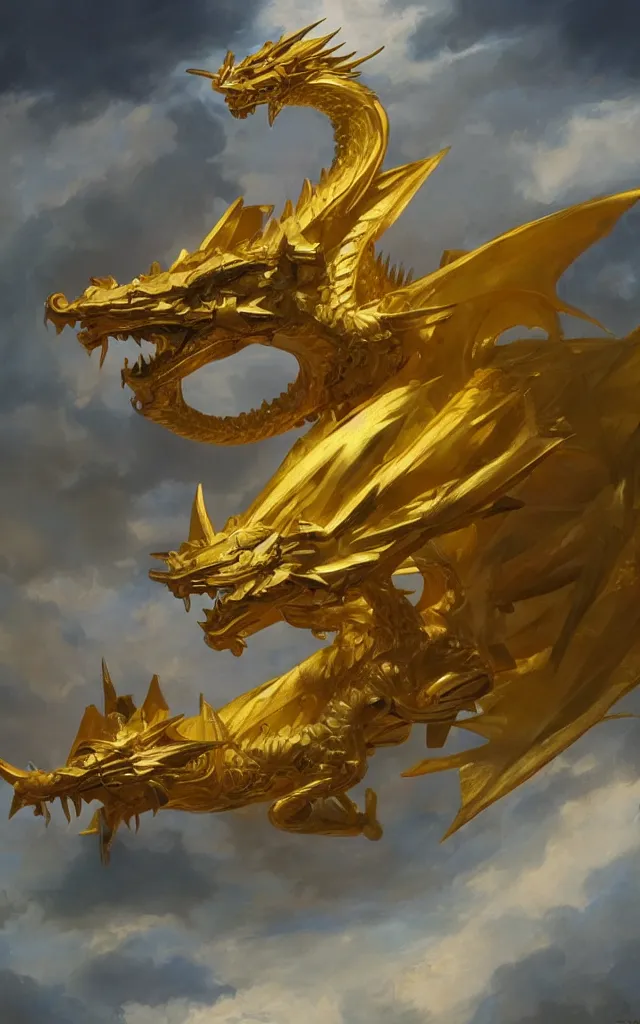 Prompt: pablo carpio's painting of a golden dragon in clouds, coloured