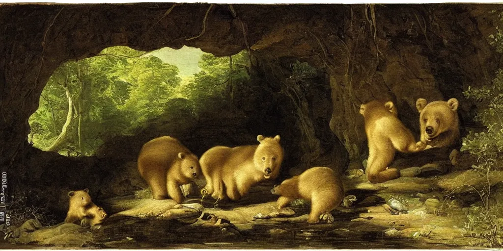 Image similar to viewer looking into dark cave and seeing a mother bear and her cubs sleeping, night time, artwork by Pieter Claesz, impressionism