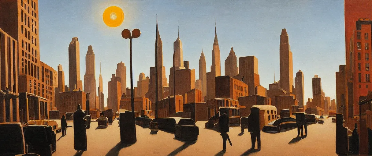 Image similar to Manhattan hanging sun in winter, street view, warm lighting, oil painting, by Giorgio de Chirico