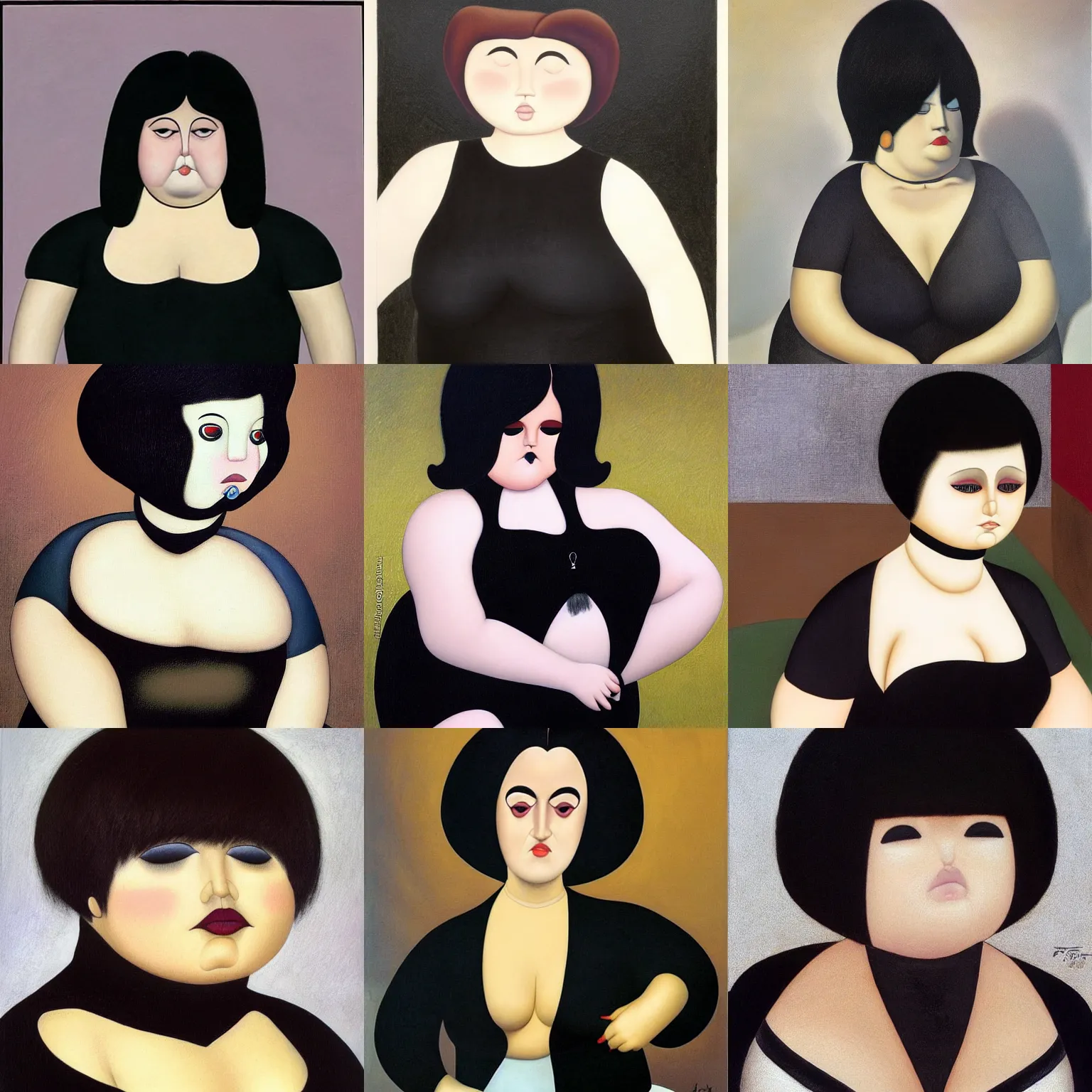 Prompt: an emo by fernando botero. her hair is dark brown and cut into a short, messy pixie cut. she has large entirely - black eyes. she is wearing a black tank top, a black leather jacket, a black knee - length skirt, a black choker, and black leather boots.