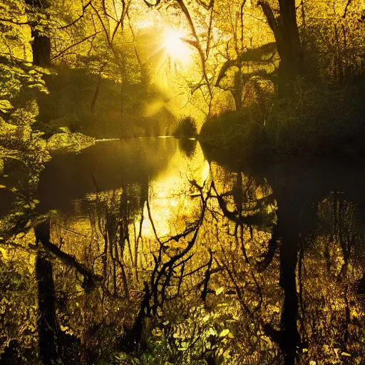 Prompt: river in a forest, golden hour, ray tracing reflection, 8k, hyper realistic, insainly detailed, hdr, octane render