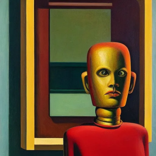 Image similar to robot looking into a mirror and the reflection is human, grant wood, pj crook, edward hopper, oil on canvas