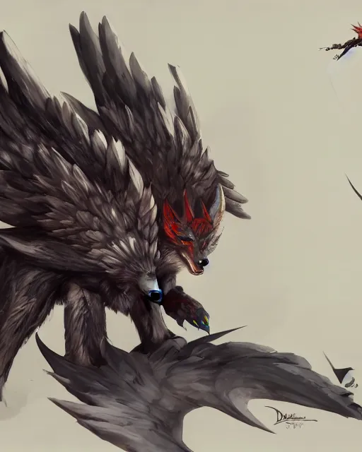 Image similar to concept art of winged wolf, highly detailed painting by dustin nguyen, akihiko yoshida, greg tocchini, 4 k, trending on artstation, 8 k