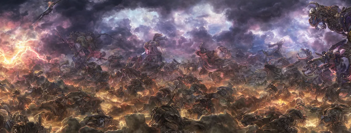 Image similar to a zoomed out panoramic view an army of ranbow soul calvary charging into the abyss. hyperrealistic anime background illustration by kim jung gi, colorful, extremely detailed intricate linework, smooth, super sharp focus, bright colors, high contrast, matte, octopath traveler, unreal engine 5 highly rendered, global illumination, radiant light