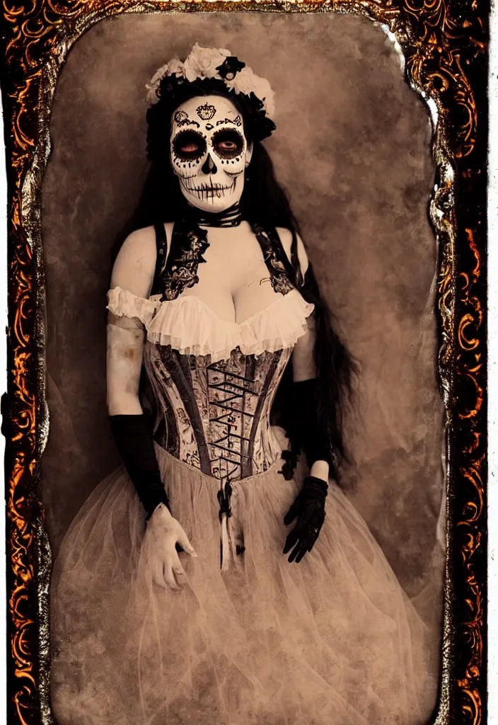 Image similar to tintype full body view, woman veiled dia de muertos dress and make up, corset garters and stockings, horrific beautiful vibe, evocative, atmospheric lighting, painted, intricate, highly detailed,