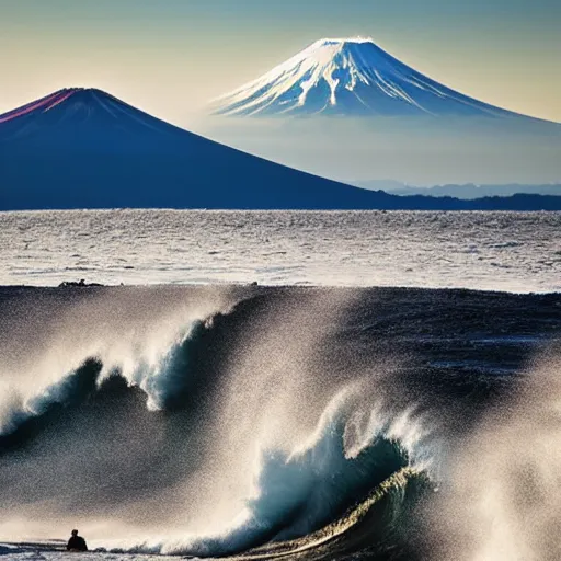 Image similar to Giant Wave with mount fuji in the background,wave larger than the mountain, highly detailed