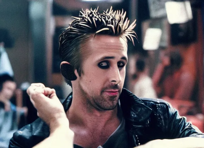 Prompt: film still of Ryan Gosling as Jack wearing feather jacket in Fight Club 1999