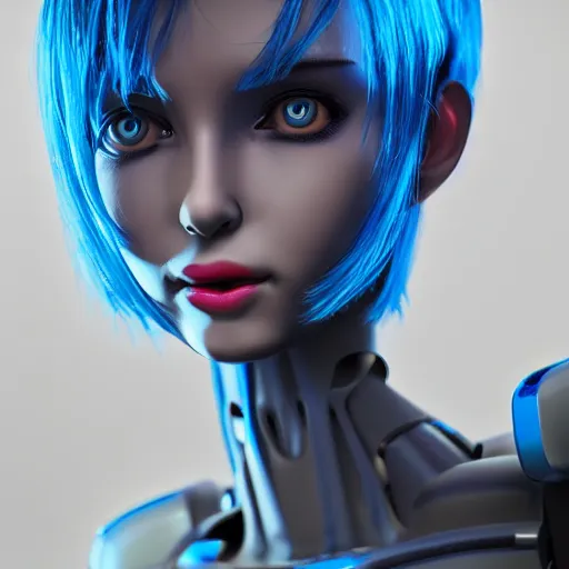 Prompt: womanized humanoid robot made of steel, beautiful face, short blue hair!!!, big breasts, fit body, anatomically correct, futuristic, glowing details!, symmetrical, unreal engine, ray tracing, 8 k, uhd, ultrarealistic, clear, sharp, highly detailed