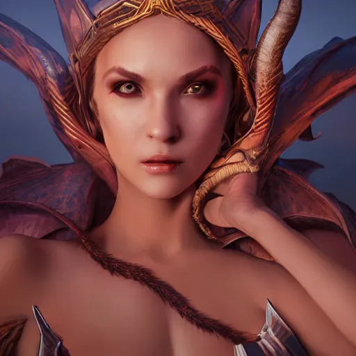 Image similar to A stunning comic book style portrait painting of a dragon goddess, wide view, unreal 5, DAZ, hyperrealistic, octane render, cosplay, RPG portrait, dynamic lighting,