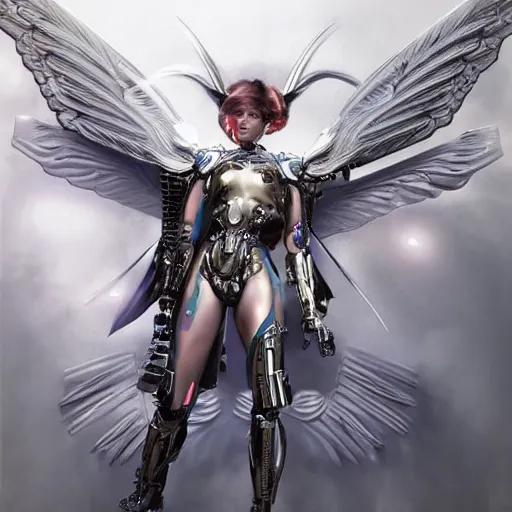 Image similar to UHD photorealistic studio portrait of a cyborg Angel with hyperrealistic Angel wings, futuristic robot angel, extremely detailed, 8k, cinematic lighting, in the style of Amano and Ayami Kojima and Karol Bak, art by Mark Brooks with vivid colors and crisp details