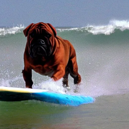 Image similar to a comedy movie for bull mastiff about surfing