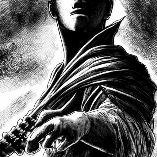 Image similar to guts in the style of kentaro miura, 4 k, 8 k, absolute detail of even the smallest details and particles, beautiful shadows, beautiful art, black and white drawing, high rendering of the details of the environment, faces and characters