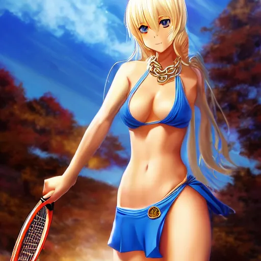 Image similar to full body shot : a very beautiful young blond tennis anime girl in golden chains, sky blue eyes,, tattoo, bikini, miniskirt, highly detailed, cinematic wallpaper by stanley artgerm lau