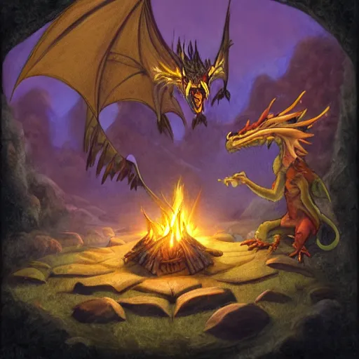 Image similar to wingless dragon telling a story around a campfire, in the style of brian froud
