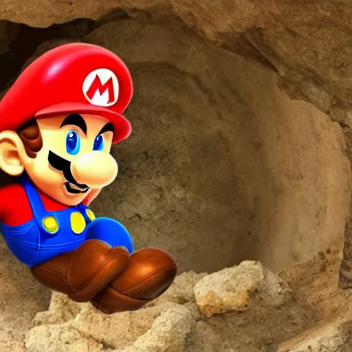 Prompt: an humanoid rat with a mask of mario in a cave