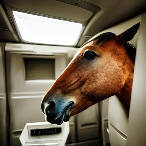 Prompt: a horse sits in an airplane seat and looks out the luminaire