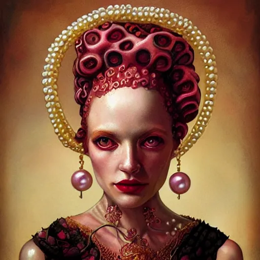 Prompt: queen of octopus with pearls embedded, portrait, pink and gold, nouveau, beautiful, by Anato Finnstark, Tom Bagshaw, Brom